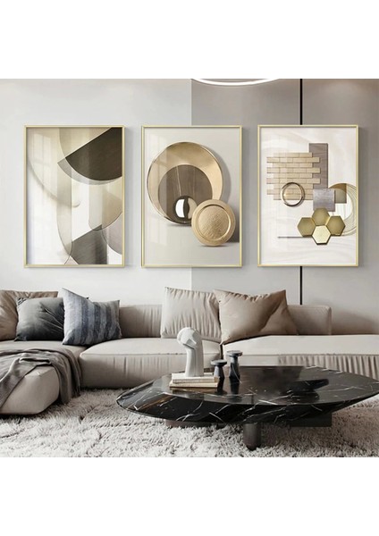 Modern Geometrik Desenli Metal Çerçeveli Üçlü Tablo Takımı