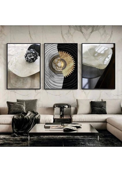 Modern Dokunuşlar: Mermer ve Metalin Soyut Dansı Üçlü Metal Çerçeveli Tablo Seti