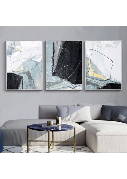 Modern Dokunuş: Zarif Soyut Mavi ve Siyah Metal Çerçeveli Tablo Takımı