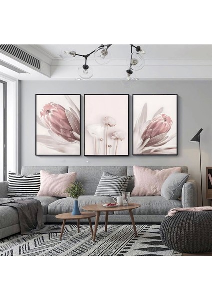 Modern Çiçekler: Stilize Flora Üçlü Metal Çerçeveli Tablo Seti /s