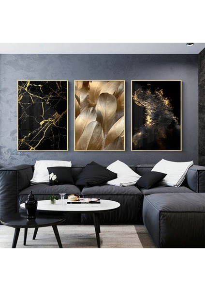 Siyah ve Gold Desenli Metal Çerçeveli Tablo Seti Altın