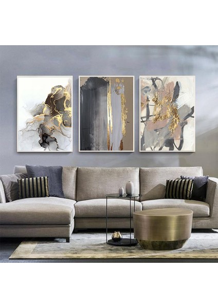 Siyah ve Gold Desenli Metal Çerçeveli Tablo Seti Beyaz /s
