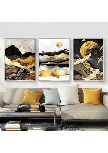 Siyah ve Sarı Detaylı Metal Çerçeveli Tablo Seti Gümüş /s