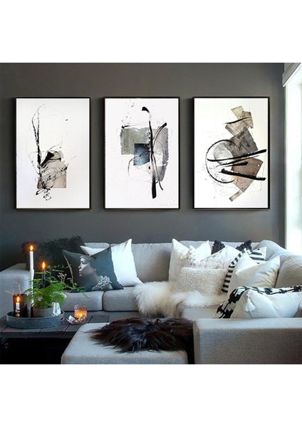 Soyut Geometrik Desenli Metal Çerçeveli Tablo Seti Siyah