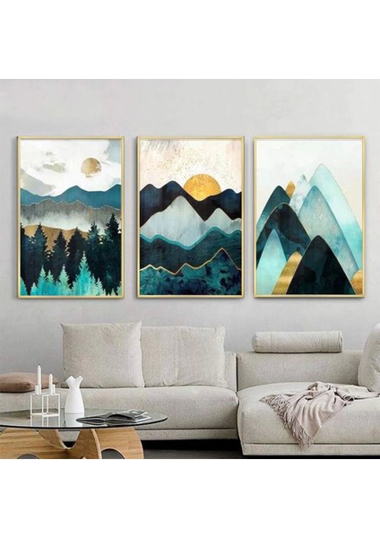 Yeşil Tonlar Geometrik Desenli Metal Çerçeveli Tablo Seti Altın