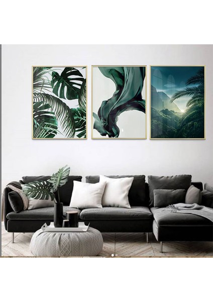 Yeşil Yapraklar Tasarım Metal Çerçeveli Tablo Seti Altın /s