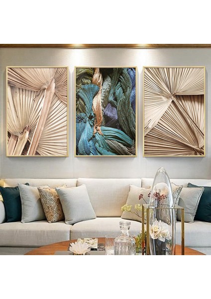 Yeşil ve Krem Renkli Çiçek Desenli Metal Çerçeveli Tablo Seti Altın