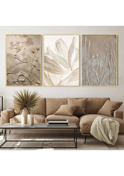Zarif Natürel Izler Kabartma Efektli Üçlü Metal Çerçeveli Tablo Seti