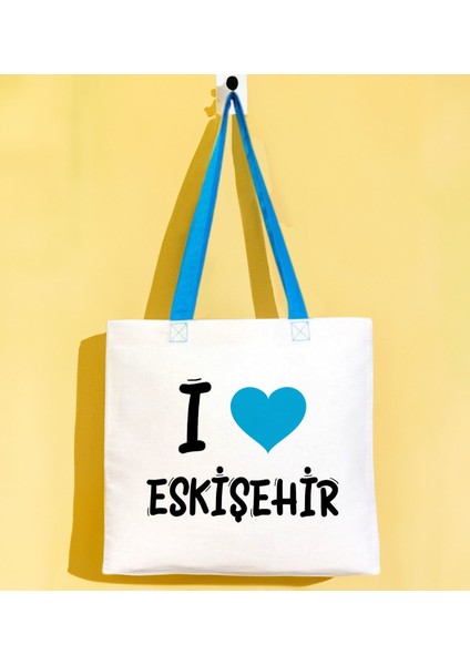I Love Eskişehir Turkuaz Renkli Kulp Gabardin Bez Çanta 40X35CM, Baskılı Omuz Çantası, Alışveriş Çantası, Plaj Çantası