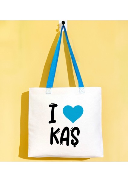 I Love Kaş Turkuaz Renkli Kulp Gabardin Bez Çanta 40X35CM, Baskılı Omuz Çantası, Alışveriş Çantası, Plaj Çantası