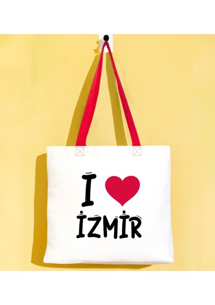 I Love Izmir Kırmızı Renkli Kulp Gabardin Bez Çanta 40X35CM, Baskılı Omuz Çantası, Alışveriş Çantası, Plaj Çantası
