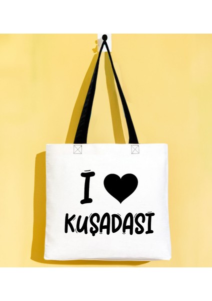I Love Kuşadası Siyah Renkli Kulp Gabardin Bez Çanta 40X35CM, Baskılı Omuz Çantası, Alışveriş Çantası, Plaj Çantası