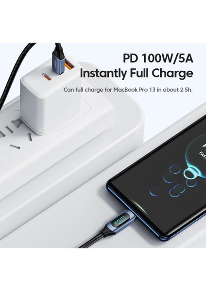 100W Type-C To Type-C Dijital Ekran Hızlı Data/şarj Kablosu 1.m Macbook Xiaomi Samsung Uyumlu
