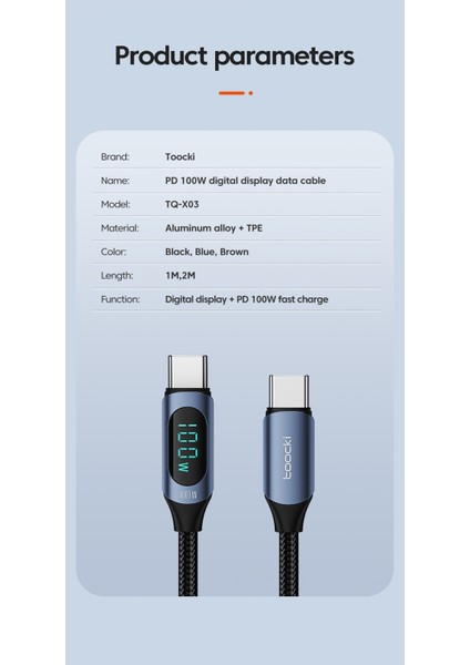 100W Type-C To Type-C Dijital Ekran Hızlı Data/şarj Kablosu 1.m Macbook Xiaomi Samsung Uyumlu