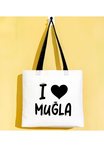 I Love Muğla Siyah Renkli Kulp Gabardin Bez Çanta 40X35CM, Baskılı Omuz Çantası, Alışveriş Çantası, Plaj Çantası