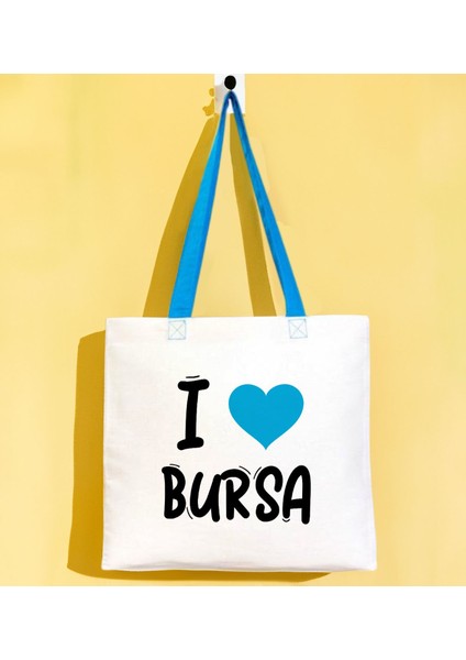 I Love Bursa Turkuaz Renkli Kulp Gabardin Bez Çanta 40X35CM, Baskılı Omuz Çantası, Alışveriş Çantası, Plaj Çantası