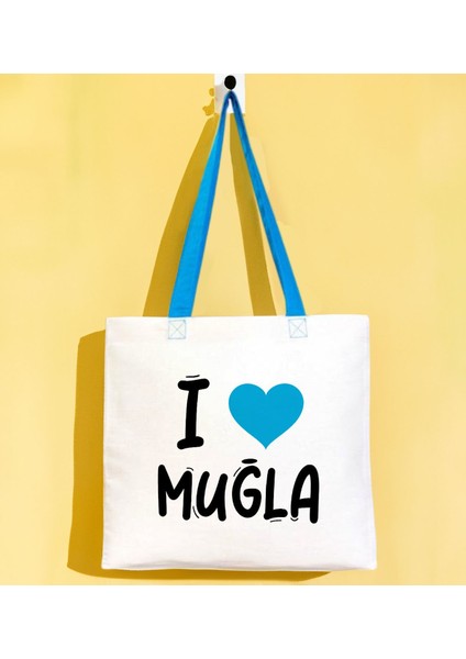 I Love Muğla Turkuaz Renkli Kulp Gabardin Bez Çanta 40X35CM, Baskılı Omuz Çantası, Alışveriş Çantası, Plaj Çantası