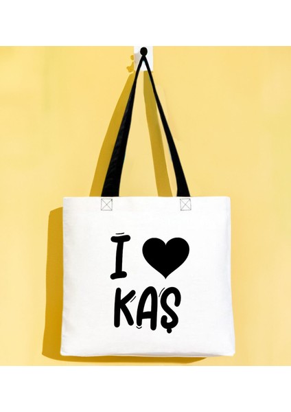 I Love Kaş Siyah Renkli Kulp Gabardin Bez Çanta 40X35CM, Baskılı Omuz Çantası, Alışveriş Çantası, Plaj Çantası