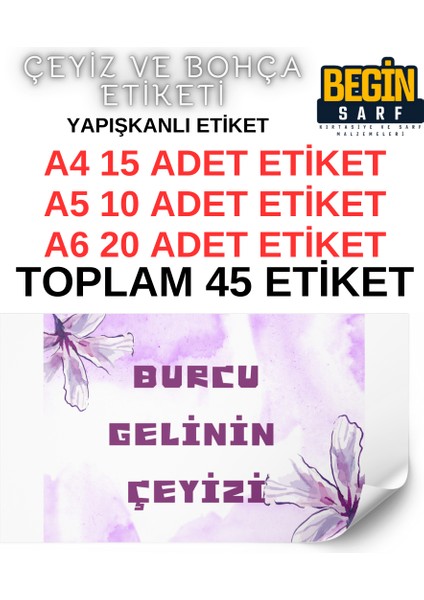 A4 A5 A6 35 Adet Çeyiz Bohça Koli Paket Etiketi Isme Özel Yapışlanlı Etiket 012