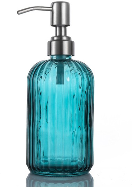 Derin Mavi Tarzı 400 ml Retro Cam Sabunluk Şişesi Paslanmaz Çelik Pompalı Banyo El Sabunu Şampuan Duş Jeli Cam Şişeler (Yurt Dışından)
