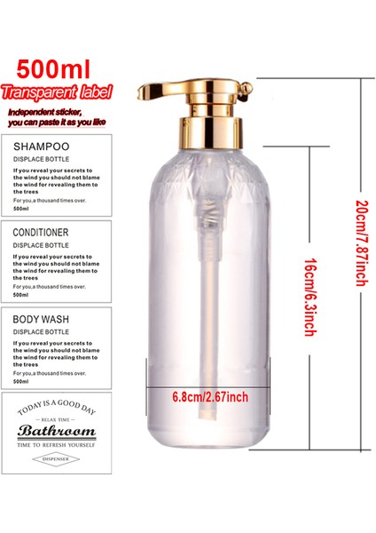 Stili Temizle Şampuan Siyah Şampuan Şişesi Banyo Duş Jeli Yeniden Doldurulabilir Şişeler Pet Basma Krem Saç Kremi Losyon Konteyner 500ML (Yurt Dışından)