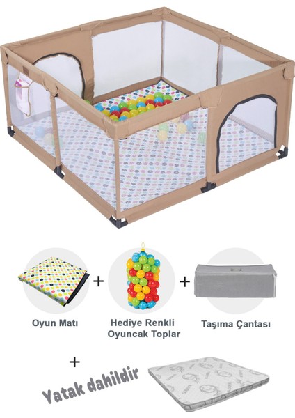 Playard Güvenli Bebek ve Çocuk Oyun Alanı Oyun Parkı 125X125 Oyun Matı Topları ve Yataklı