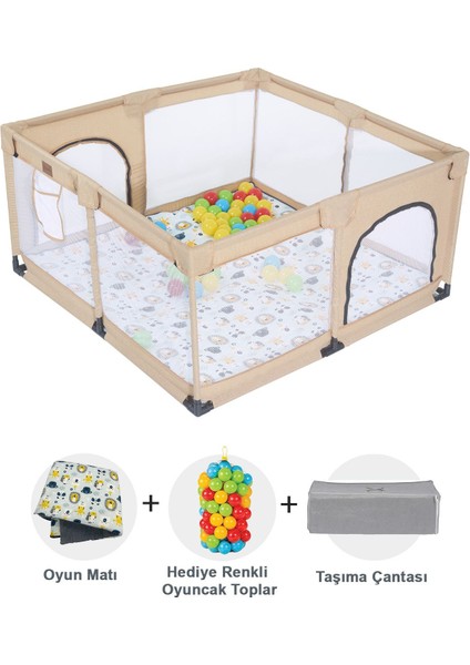 Playard Keten Pamuklu Güvenli Bebek ve Çocuk Oyun Alanı Oyun Parkı 125X125 Oyun Matı ve Topları