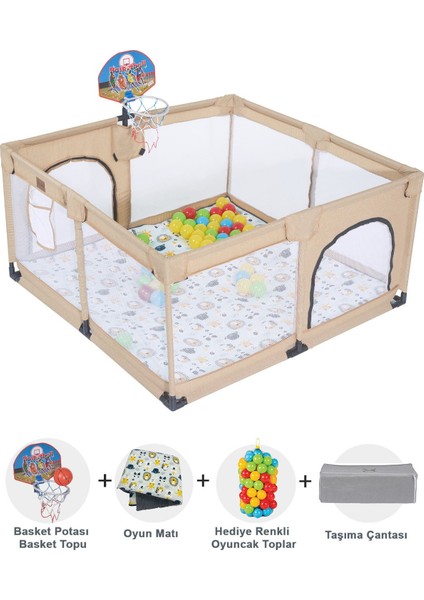 Playard Keten Potalı Güvenli Bebek ve Çocuk Oyun Alanı Oyun Parkı 125X125 Oyun Matı ve Topları