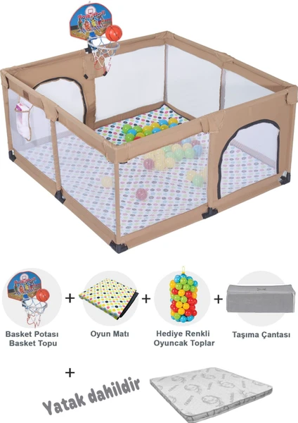 Playard Basket Potalı Güvenli Bebek ve Çocuk Oyun Alanı Oyun Parkı 125X125 Oyun Matı/ Toplar Yataklı