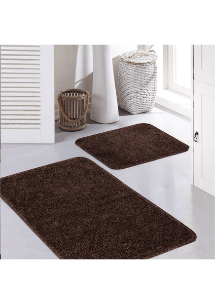Kahverengi Synergy Işıltılı Kaymaz Tabanlı Yıkanabilir 2'li Set Banyo Halısı Paspas Seti 60X100