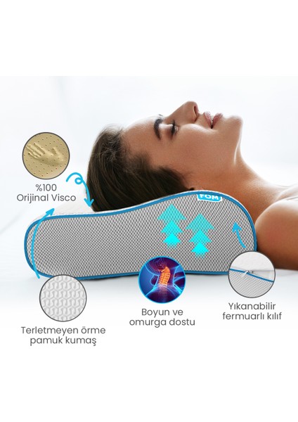 2'li Flex Tam Ortopedik Visco Konforlu Uyku Yastık Kampanyası, Ortopedik, 60 X 40 X 14/11, Beyaz
