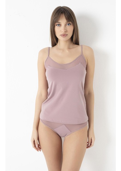 Kadın Likralı İnce Askı Tüllü Vizon Atlet C3T0N0O108