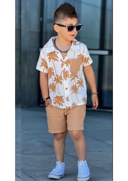 Erkek Çocuk Müslin Palmiye Yazlık Alt Üst Gömlek Şort Takım 11611