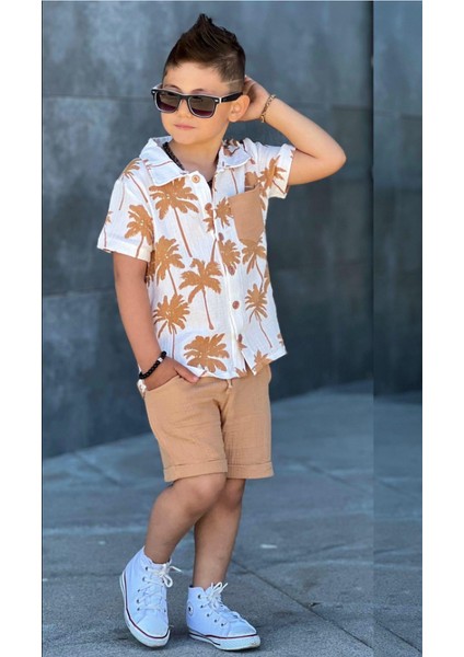 Erkek Çocuk Müslin Palmiye Yazlık Alt Üst Gömlek Şort Takım 11611 fiyatları