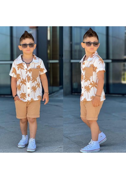 Erkek Çocuk Müslin Palmiye Yazlık Alt Üst Gömlek Şort Takım 11611 modelleri