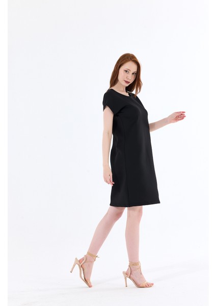 Havuz Yaka Mini Kol Elbise | ELB33681 Siyah Dalgıç