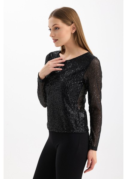 Içi Astarlı Pul Payet Abiye Bluz | BLZ35497