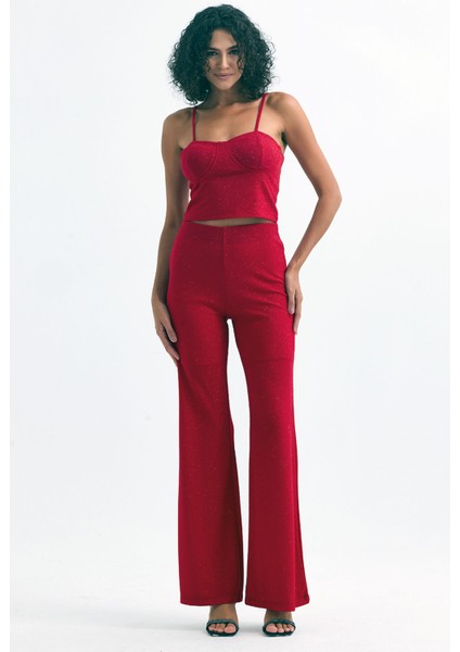 Beli Lastikli Simli Pukuro Abiye Pantolon | PNT35399 Bordo