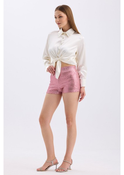 Beli Lastikli Içi Astarlı Zara Payet Abiye Şort | ŞRT35015 Pembe