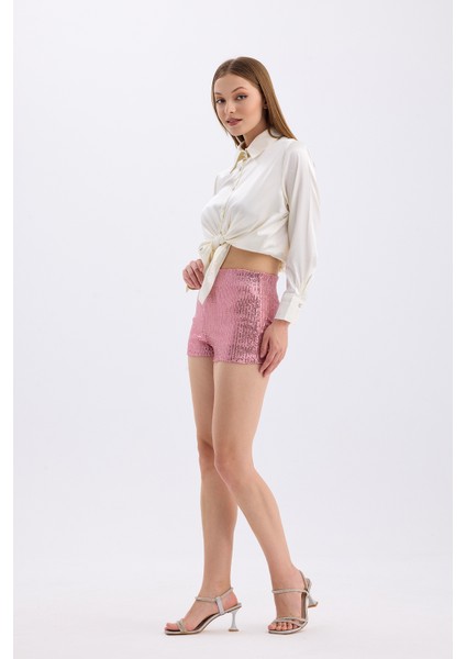 Beli Lastikli Içi Astarlı Zara Payet Abiye Şort | ŞRT35015 Pembe