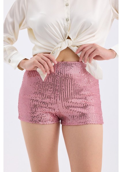 Beli Lastikli Içi Astarlı Zara Payet Abiye Şort | ŞRT35015 Pembe