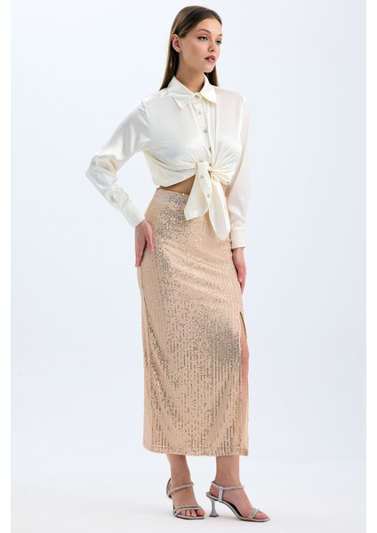 Beli Lastikli Içi Astarlı Zara Payet Abiye Etek | ETK35405 K.bej