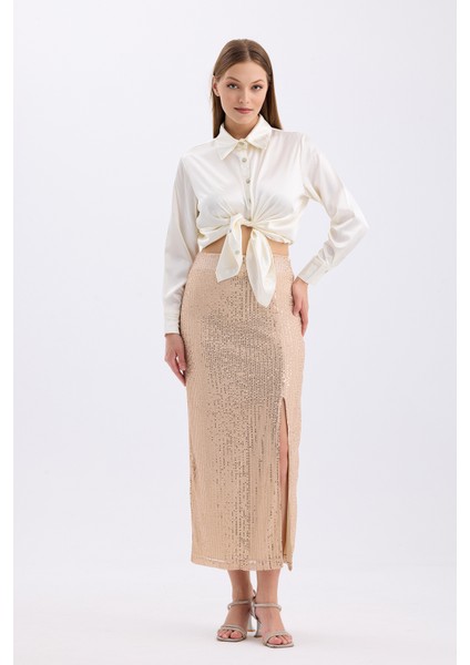 Beli Lastikli Içi Astarlı Zara Payet Abiye Etek | ETK35405 K.bej fiyatları