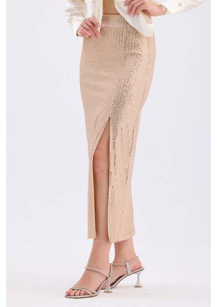 Beli Lastikli Içi Astarlı Zara Payet Abiye Etek | ETK35405 K.bej fırsatları