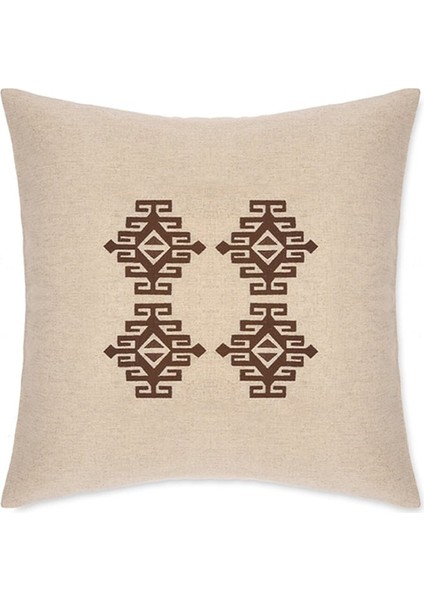 Kahverengi İşlemeli Keten Kare Yastık Kılıfı