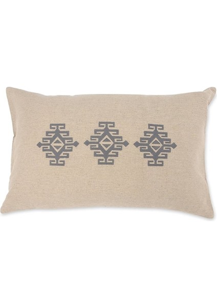 Gri İşlemeli Dikdörtgen Keten Yastık Kılıfı
