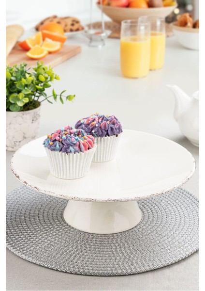 Antiquing Krem 26CM Ayaklı Servis Sunum Tabağı