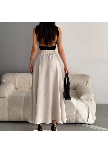 Kadın Bej Keten Cepli Etek indirimleri