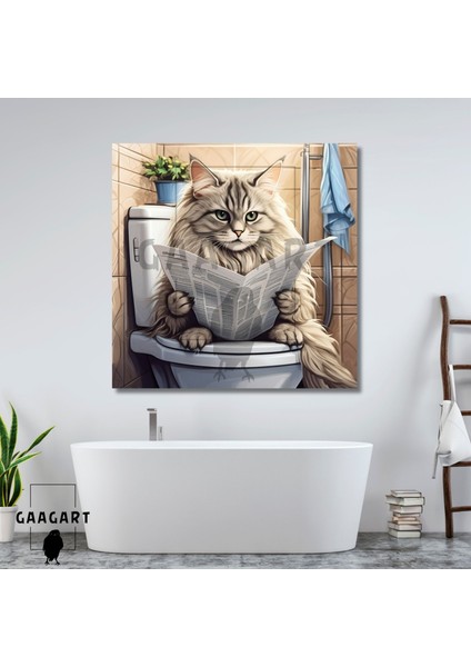 Tekli Kare Kanvas Banyo Tablosu Gazete Okuyan Gri Chinchilla Kedi