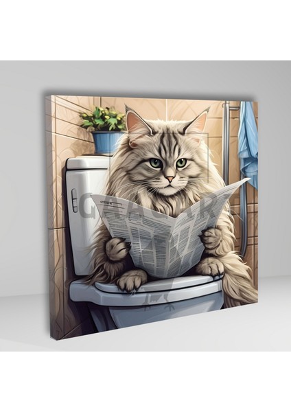 Tekli Kare Kanvas Banyo Tablosu Gazete Okuyan Gri Chinchilla Kedi fiyatları